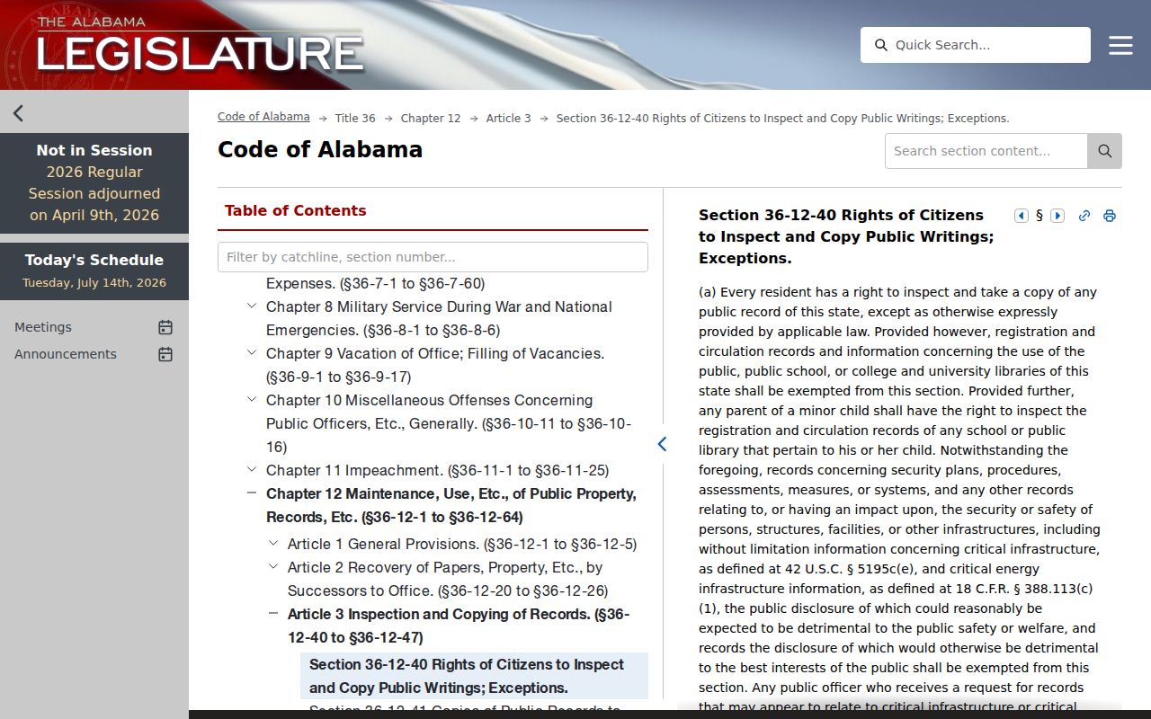 Cleburne County court records public inspection statute