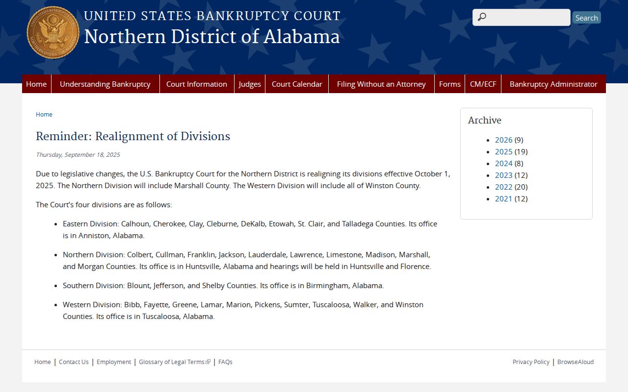 Cleburne County District Court and bankruptcy Eastern Division realignment